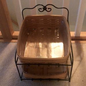 Longaberger 2 level ironworks stand with 2 paper tray baskets, 1 protector.